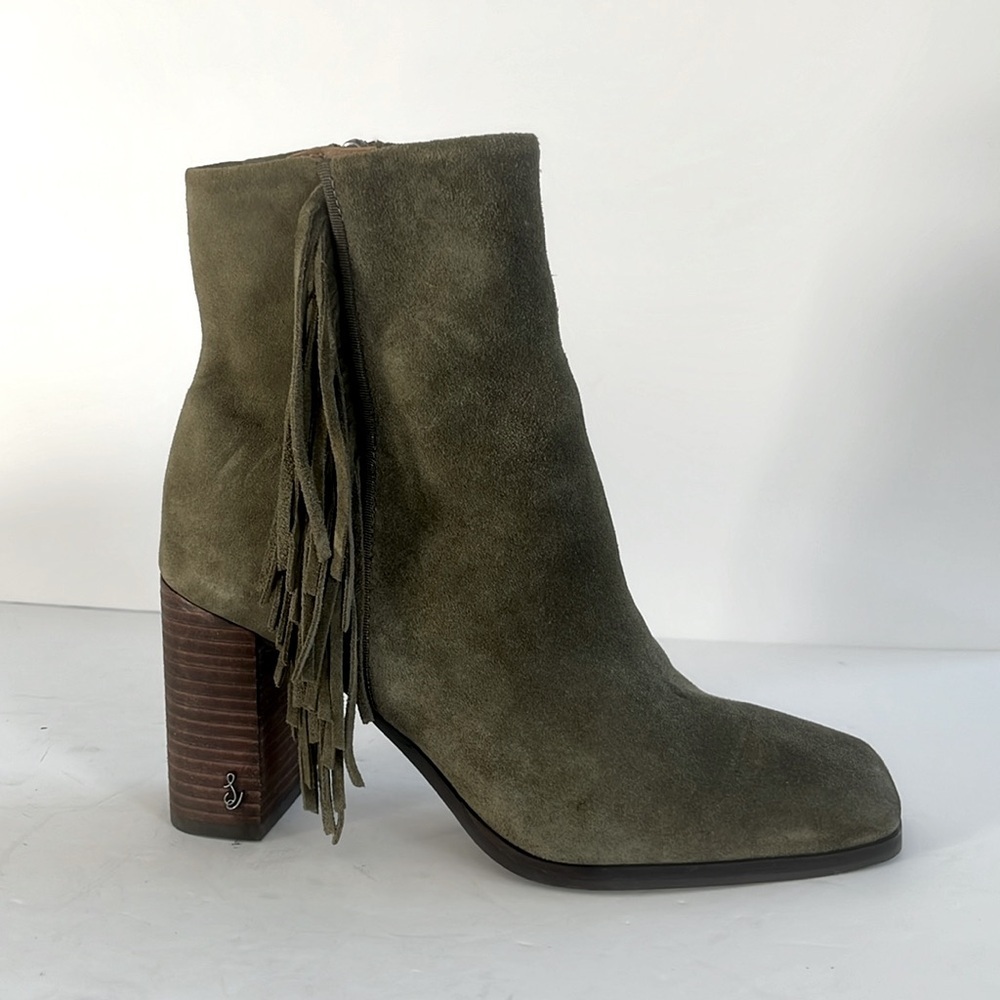 Sam Edelman Ona Olive Suede Leather Chunky Block Heel Fringe Boot Size 7.5 New - Picture 2 of 8